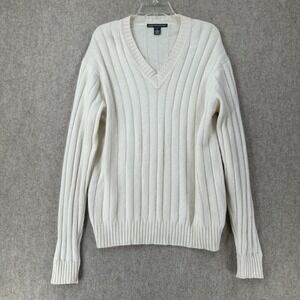 Saks Fifth Avenue Mens Cashmere Ribbed Sweater LARGE Cream Pullover Scotland